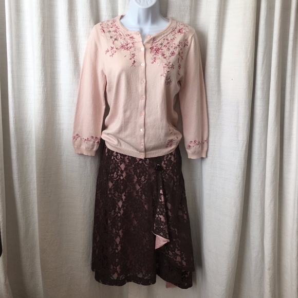 Odille Brown Lace Overlay A-Line Skirt-EUC - Picture 2 of 5